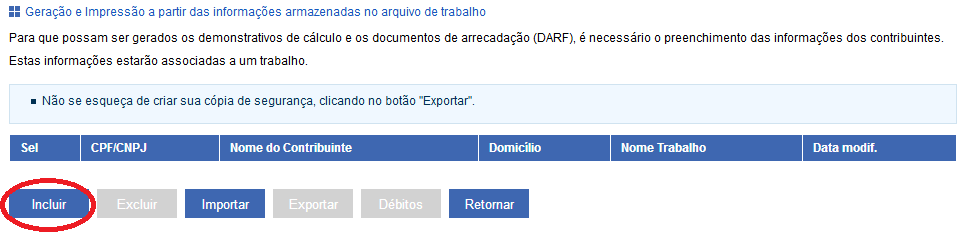 tela do contribuinte e botão incluir