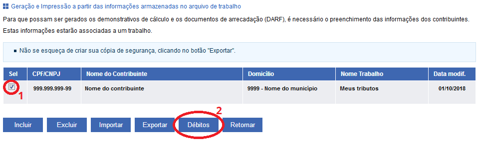 tela do contribuinte e botão débitos