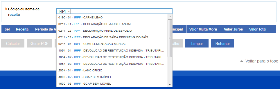 preenchimento do código/nome da receita