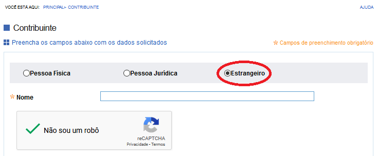 tela de preenchimento de cidadão estrangeiro
