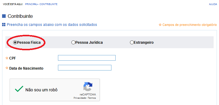 tela de preenchimento do NI do contribuinte pessoa física