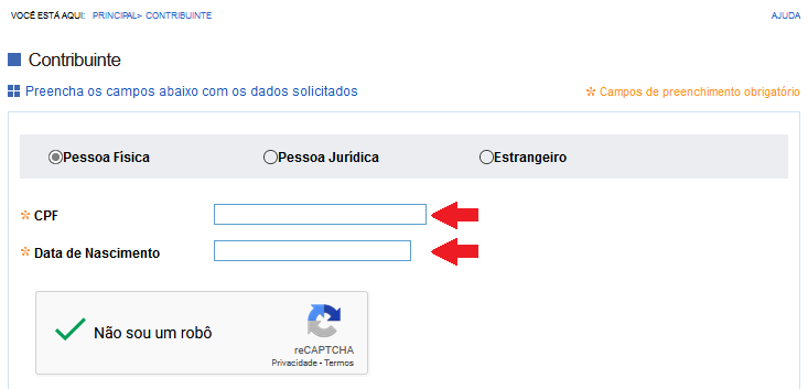 tela de preenchimentno do NI do contribuinte pf
