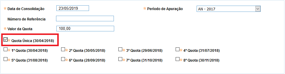 tela com as quotas unica selecionada