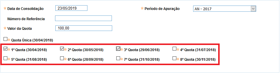 tela com as quotas selecionadas